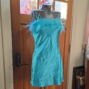 Thirty Thirty Dress Fun & Flirty Size XS Aqua w/ Feather "Boa" Across The Bust